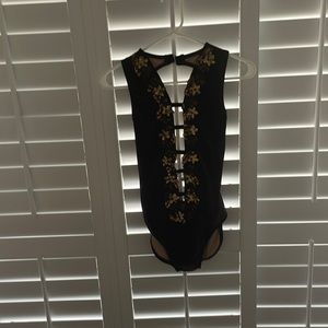 brown leotard with appliqué low back